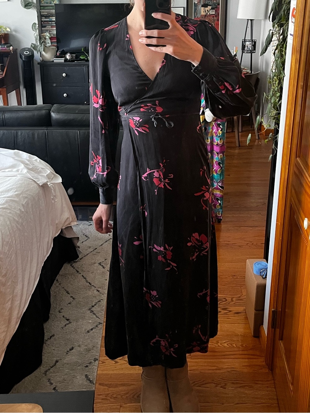 Ganni Black Dress with Pink Floral Design